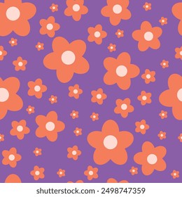 Groovy flower power seamless pattern. Retro, hippie vector floral print. Nostalgic 60s and 70s retro background. Geo tiny daisies, purple and orange
