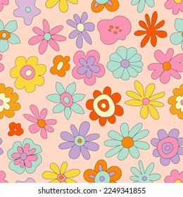 Groovy Flower Retro Seamless Pattern. Psychedelic Doodle Wavy Daisy Background in Trendy 1970s Hippie Style. Colorful Trippy Flower Print for Fabric, Wrapping Paper, Web Design, Poster. Cute wallpaper