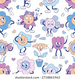 Flor Groovy sin patrón. Manzanilla de dibujos animados, margarita, flores en la olla, bailando, bebiendo café. Diseño de impresión de estilo retro, para tela, telón de fondo, fondo de Vector neoterico