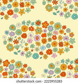 Motif De Fleur Gros Harmonieux, Fond D'Écran Rétro Cool. Style hippie rétro, motif botanique clair Doodle image vectorielle pour les enfants. Arrière-plan marguerite abstrait pour Impression, Mode, Papier à enveloppement, emballage.