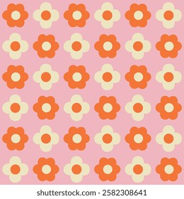 Groovy flower seamless pattern design on pink background 