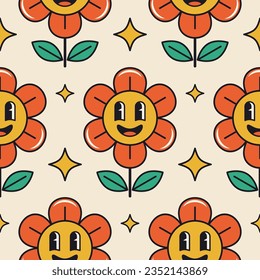 Groovy flower seamless pattern. Retro flower character with a smiling face