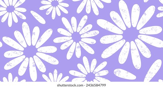 Groovy flower seamless pattern, spring floral background, grunge chamomile print, cute summer daisy pastel purple textile. Abstract naive violet and white bg. Vector illustration