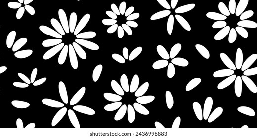 Groovy flower seamless pattern, spring floral background, funky daisy print, cute summer chamomile black and white textile. Abstract simple bg. Vector illustration