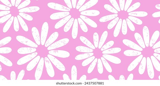 Groovy flower seamless pattern, spring floral background, grunge chamomile print, cute summer daisy pastel pink textile. Abstract naive bg. Vector illustration