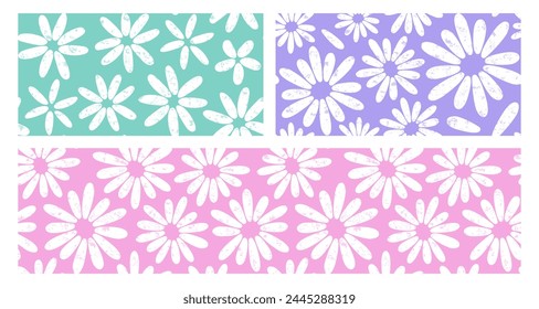 Groovy flower seamless pattern, spring floral background, grunge daisy  print set, cute summer chamomile textile collection. Pastel green, purple and pink colors. Abstract naive vector illustration
