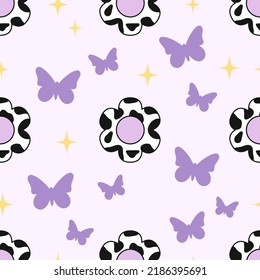 Groovy flower seamless pattern. Y2k retro 90s 2000s hipster style. Butterfly. Vector