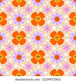 Groovy flower seamless pattern. Y2k floral smile background. Cartoon retro daisy print with funny faces. Vector trendy aesthetic illustration