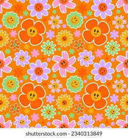 Groovy flower seamless pattern. Y2k floral smile background. Cartoon retro daisy print with funny faces. Vector trendy aesthetic illustration