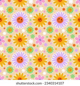 Groovy flower seamless pattern. Y2k floral smile background. Cartoon retro daisy print with funny faces. Vector trendy aesthetic illustration
