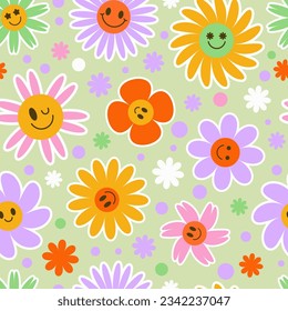 Groovy flower seamless pattern. Y2k floral smile background. Cartoon retro daisy print with funny faces. Vector trendy aesthetic illustration