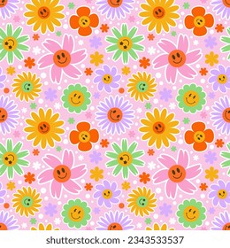 Groovy flower seamless pattern. Y2k floral smile background. Cartoon retro daisy print with funny faces. Vector trendy aesthetic illustration