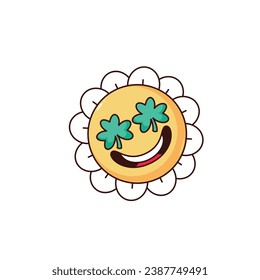 Groovy flower with shamrocks in eyes vector illustration. Cartoon isolated retro floral sticker of St Patricks Day, funny daisy character with funky smile, flower with lucky clovers and hippie vibe