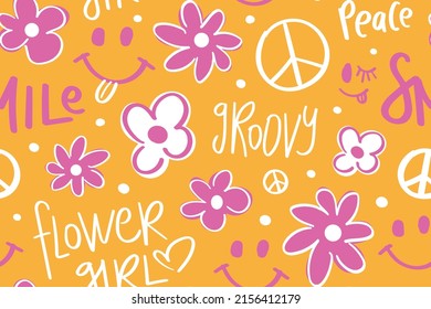 Groovy flower and slogan text drawings. Seamless pattern repeating texture background design for fashion graphics, textile prints, fabrics, wallpapers.
