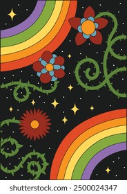 Groovy Flower Space Poster. Trendy botanical floral card in trendy retro trippy psychedelic hippie 70s 80s style with rainbow and stars. Vector natural illustration.