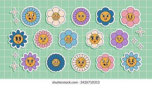 Groovy flower sticker set in trendy retro psychedelic style. Funny colorful cartoon flowers with faces. Vector illustration on a green background.