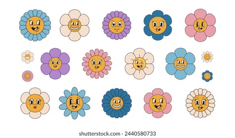 Groovy flower sticker set in trendy retro psychedelic style. Funny flowers characters with faces. Vector illustration isolated on a white background.