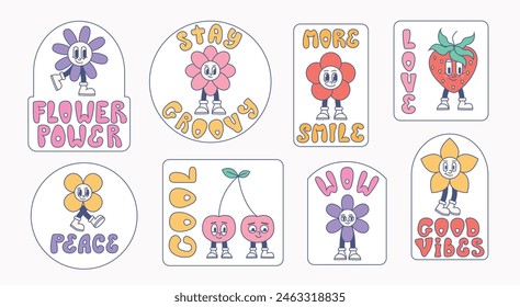 Groovy flower stickers, bedge with quotes. Trendy retro happy smiling face labels.