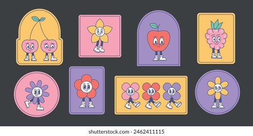 Groovy flower stickers, bedge. Trendy retro happy smiling face labels. Flower power.