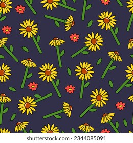 Groovy Flower Sunflower Patterns Y2k Style. Retro 70s psychedelic seamless patterns, groovy hippie backgrounds. Vintage Groovy Daisy Flowers. Psychedelic wallpaper