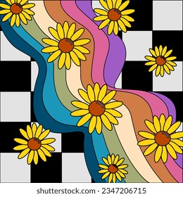 Groovy Blume Sonnenblumen Muster Y2k Stil. Retro 70er psychedelische, nahtlose Muster, wackelige Hippie-Hintergründe. Vintage Groovy Daisy Blumen. Psychedelische Tapete. Abstrakter, viereckiger Hintergrund