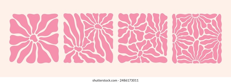 Groovy flower trendy set. Vintage vector pattern. Aesthetic retro floral illustration. Daisy flower posters.