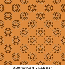 Groovy Flower vector concept outline orange seamless pattern