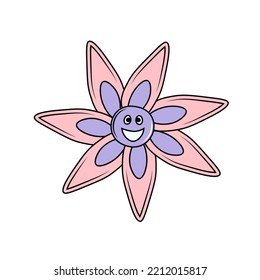 Groovy flower vector illustration in doodle style. Funny daisy character art. Cute cartoon style floral decorative element for greeting card, poster, childish print