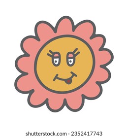 Groovy flower vector illustration. Hand drawn cute floral element with eyes and smile. Trendy positive nostalgic design isolated on white background. Retro 70s vibes graphic