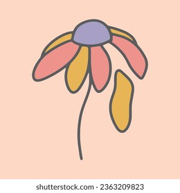 Groovy flower vector illustration. Hand drawn cute daisy with falling petal in simple vintage style. Trendy nostalgic floral design on muted pink background. Retro boho 70s vibes doodle graphic