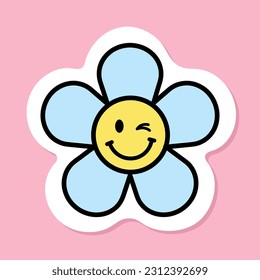 groovy flower with winking eye sticker, cartoon funny smiling face, blue daisy with black outline, groovy aesthetic vector design element