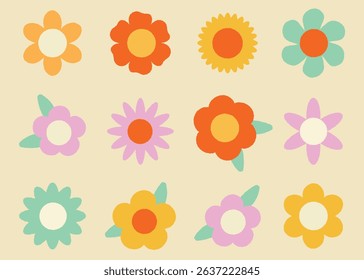 Groovy flowers colorful flat collection. 70s, 80s, 90s vibes plaid background.Vector illustration