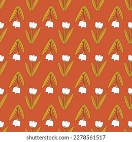 Groovy flowers. Floral seamless pattern. Tulip. Retro cartoon style. Hand-drawn vector illustration. Hippie design.