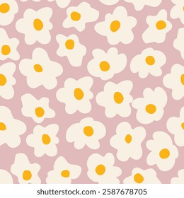 Groovy Flowers floral seamless pattern with the pink background. 