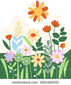 Groovy flowers illustration , naive vector flat design, bright color