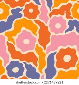 Groovy Flowers and Leaves Seamless Pattern. Floral Vector Background in 1970s Hippie Retro Style for Print on Textile, Wrapping Paper, Web Design and Social Media. Orange, Pink and Blue Color.