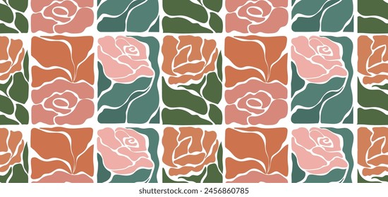 Groovy Blumen und Blätter nahtlose Muster. Romantische Rosen Ästhetische zeitgenössische Vektorgrafik Design für Textildrucke.