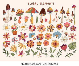 Groovy flowers and mushrooms isolated clip art bundle, 70s nostalgia retro style, stylized plants big vector kit