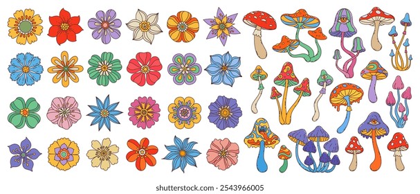 Flores y setas en colores vibrantes. Conjunto de Vector con flores caprichosas y plantas de hongos psicodélicos, flores eclécticas y juguetonas con pétalos brillantes y setas en estilo boho hippie