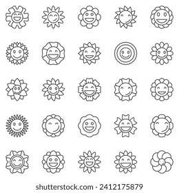 Groovy Flowers outline icons set - Retro Funny Flower with Smiling Face symbols in thin line style