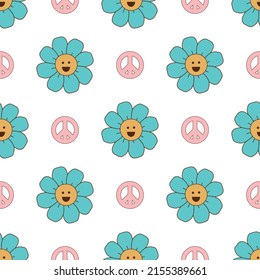 Groovy flowers pattern. Retro seventies floral seamless pattern with smiling face flowers. Pastel vintage groovy daisy flowers. Retro floral background surface design hippie print Vector illustration.