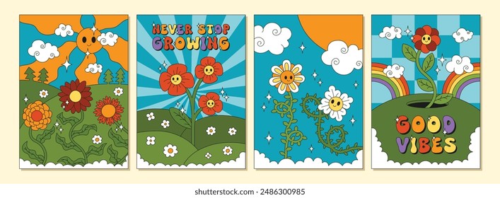 Groovy Flowers Poster Kollektion. Trendy botanische Blumenkarte, Postkartenset im trendigen Retro-Trippy Psychedelic Hippie 70s 80s Stil. Vektorillustration mit Himmel und Sonne.