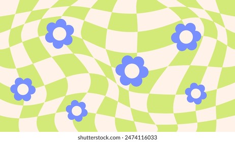 Groovy flowers psychedelic checkerboard social media vector background. Retro abstract playful green checkered pattern