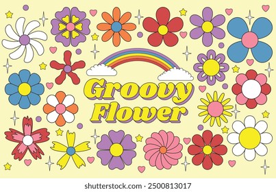 Groovy Flowers retro flowers hippie floral clipart trendy template for print, social media and website