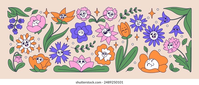 Bonitas flores en conjunto de estilo retro. Funky florecen plantas con emociones felices y tristes en las caras. Margarita cómica, tulipán, campanario con diferentes expresiones faciales. Ilustraciones vectoriales aisladas planas