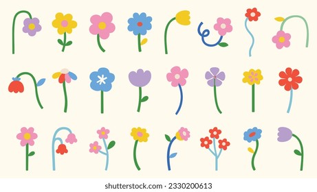 Groovy flowers. Retro vintage style, hand drawn decorative elements. Abstract trendy modern floral illustration. Icon flowers, pastel colors, kids cute decor. Flat cartoon style