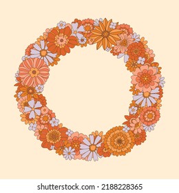 Groovy Flowers round Frame. Vector illustration in retro 70s 60s style