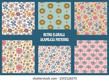 Groovy flowers seamless pattern collection. Trendy floral background set of vintage 70s style flower illustration. Flat Design, Hippie Aesthetic. Vector Illustration.