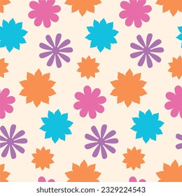 Groovy Flowers seamless pattern. Retro 60s 70s Floral Background