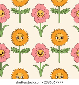 Flores gruesas sin costura. Los retro 70 con la cara sonriente flores elementos gráficos aislados. Flores retro vintage